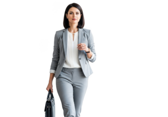 Confident professional woman in a stylish grey suit walking purposefully holding a briefcase isolated on transparent background