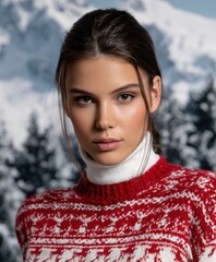 Beautiful woman in a red and white fair isle sweater posing against a snowy mountain background. Perfect winter fashion shot.