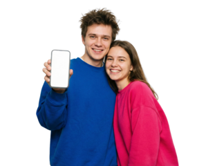 Happy young couple showing smartphone with blank screen, transparent background