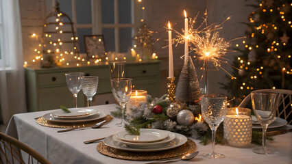 Festive christmas dinner table setting with sparklers and candles