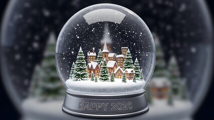 A snow globe with a miniature winter village inside filled with snow