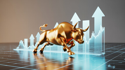 Metallic golden bull charging forward symbolizes market growth and optimism, set against backdrop of rising graphs and arrows. This captures essence of financial success and bullish trends