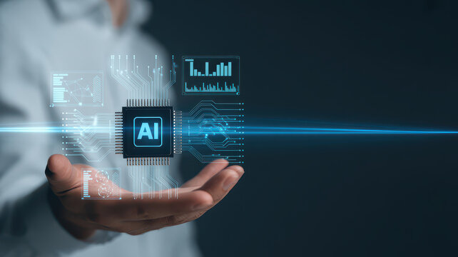 Person holds floating microchip with AI graphics, symbolizing technology and innovation. image conveys sense of advancement and futuristic concepts