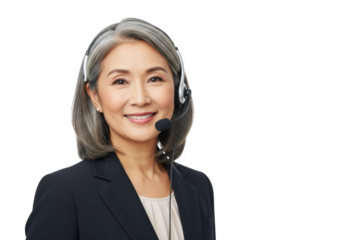 Smiling asian woman with headset and professional attire representing customer service and communication isolated on transparent background