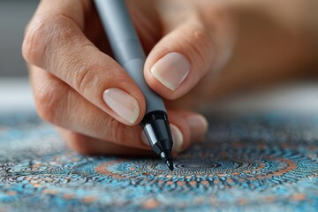 A professional woman precisely rendering a complex graphic design pattern using a technical pen. Highlights detailed graphic work, precision, and professional illustration.