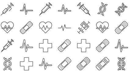 Obraz premium Seamless pattern of medical and healthcare line icons featuring syringes heartbeats dna and first aid symbols