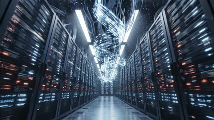 Futuristic data center with glowing server racks and abstract digital data streams. Modern data center shows computing power, network connections. Essential data center for cloud, - Powered by Adobe
