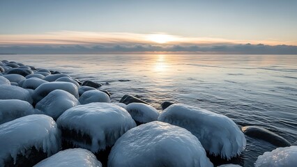 Snowy rocks on a frozen shoreline at sunrise or sunset on a calm sea