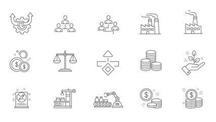 Fototapeta premium Business finance and industry line icons set representing growth strategy production and legal compliance concepts