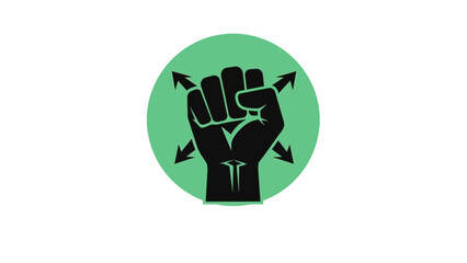 Black raised fist symbol with outward arrows inside a mint green circle on a black background