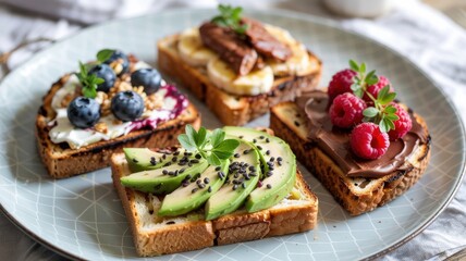 Toasts with four different healthy and delicious toppings. With avocado, With peanut paste and banana, With cottage cheese and blueberries, With chocolate paste and raspberries.