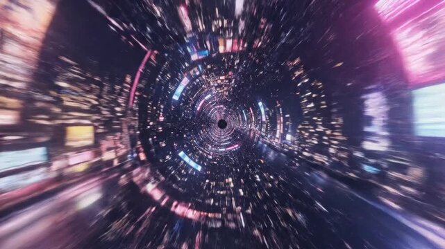Abstract hyperspace travel through a futuristic city tunnel at night. A distorted view of neon lights and skyscrapers for technology and science fiction concepts