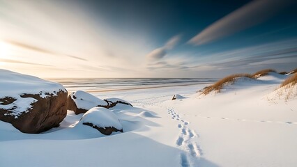 Snowy beach landscape with animal footprints in the sand at sunset