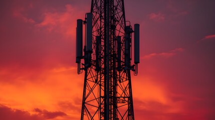 Telecommunication Mast Against a Dramatic Red and Orange Sky