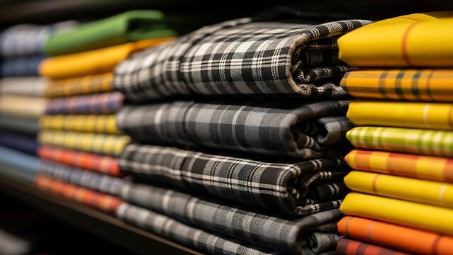 Colorful rolled plaid and knit fabrics stacked neatly in a retail display - Powered by Adobe