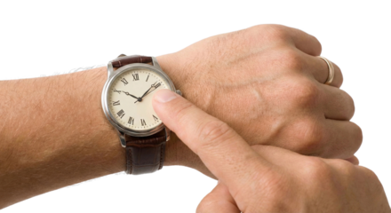 A person's hand pointing at a classic wristwatch, transparent background