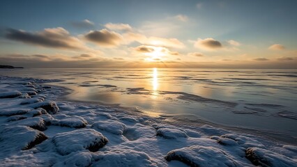 Serene winter landscape with sunset over icy frozen lake or sea with snow covered shoreline and scattered ice floes