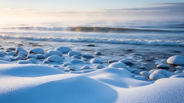 Snowy beach landscape with frozen waves and rocks at sunrise or sunset - Powered by Adobe