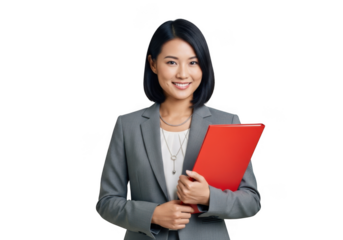 Professional asian woman in business attire holding a red folder smiling confidently isolated on transparent background