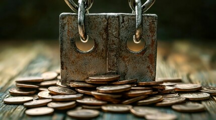 Rusty padlock on a wooden surface surrounded by scattered coins emphasizes the concept of financial security and caution in an uncertain economy