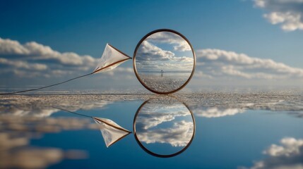 Clear reflection of clouds and sky visible through a circular mirror on the salt flat during daytime with distant boat on water