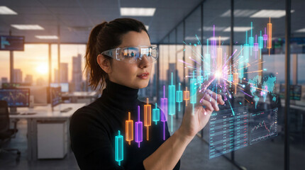 Trader Analyzing Futuristic Financial Holograms