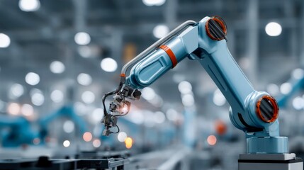 Industrial robot arm working on assembly line in modern manufacturing facility demonstrating precision and efficiency