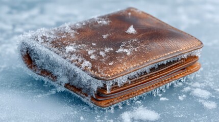 A wallet covered in frost placed on a frozen surface during a cold winter day showing the effects of freezing temperatures on leather