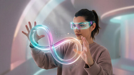 Researcher Interacting With Futuristic Infinity Hologram