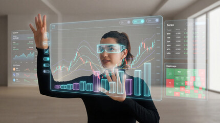 Engineer Analyzing Advanced Holographic Market Dashboard