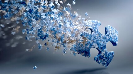 Blue puzzle pieces scatter to create a colorful abstract representation of creativity and problem-solving in a digital space
