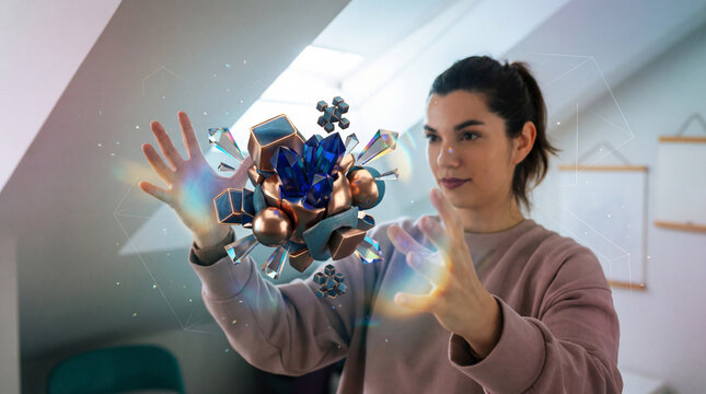 Creator Woman Shaping Futuristic Crystal Hologram