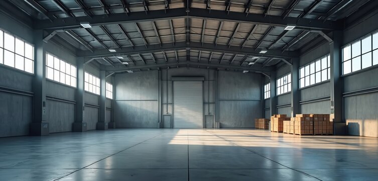 Interior of large industrial warehouse with stacks of boxes. Concrete floor and gray walls with high ceiling structure. Natural light streams through windows.