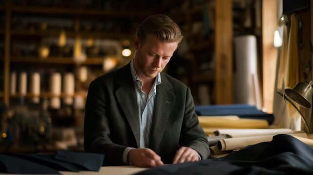 A skilled tailor works in a softly lit atelier surrounded by rolls of fabric, carefully reshaping an old, vintage suit into a new, modern design that blends heritage craftsmanship with sustainable