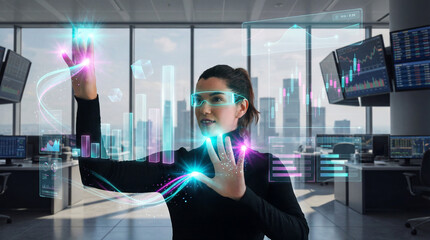 Data Analyst Interacting With Futuristic Holographic Market Charts