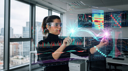 Trader Analyzing Advanced Holographic Financial Metrics