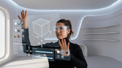 3D Designer Working With Futuristic Holographic Modeling Interface