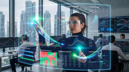 Financial Trader Managing Immersive Holographic Market Dashboards