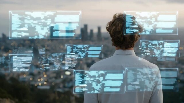 Candid shot of tech director gazing over urban skyline as digital interfaces hover in midair &mdash; symbolizing future-ready leadership, balance between humanity and technology, and emotional