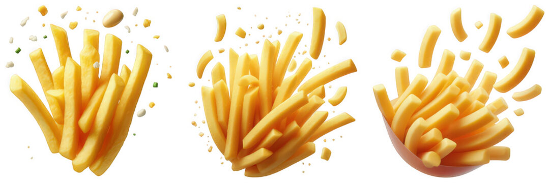 Three illustrations of french fries with scattered pieces on a transparent background