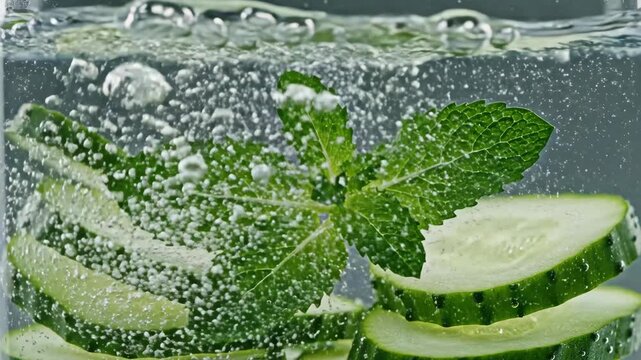 Close up of clear refreshing drink with fresh cucumber slices and vibrant mint leaves in sparkling bubbly water. Invigorating refreshing drink offering natural hydration, essential vitamins,