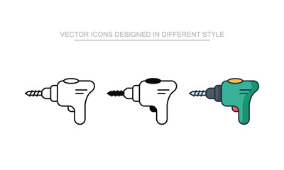 Drill Machine icon set in different style with white background illustration