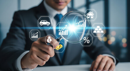 Businessman holding magnifying glass examines various financial icons, including graphs, cars, houses, and gold, symbolizing analysis and investment opportunities
