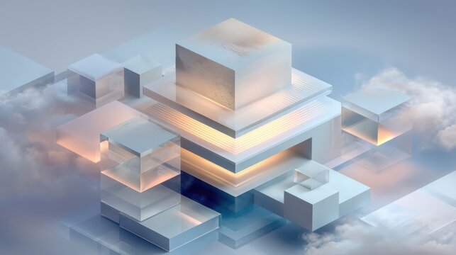 Futuristic cloud computing architecture with layered glass cubes and glowing core surrounded by digital mist ideal for technology backgrounds data storage and innovation visuals
