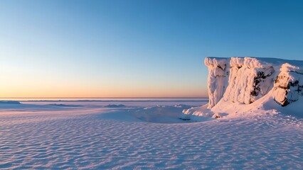 Snowy cliff formation on frozen lake at sunset with clear blue sky