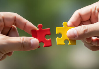 Connecting two puzzle pieces, one red and one yellow, symbolizes collaboration and unity. hands gently grasp pieces, highlighting importance of teamwork and problem solving