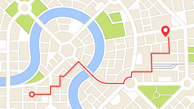 City map navigation. GPS navigator interface. Red Route from start to Destination. Top view map visualization. Abstract background. Cute simple design. Flat style vector illustration
