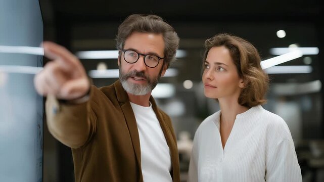 Mentor guiding a new team member through presentation slides on a sleek digital screen &mdash; collaboration, trust, and career advancement illustrated through smart workplace technology and