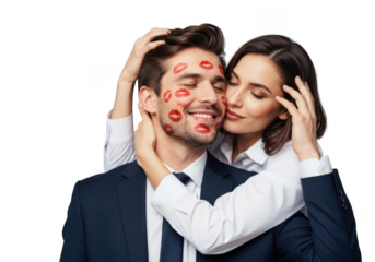 Couple embracing with red lipstick kiss marks on man s face isolated on transparent background