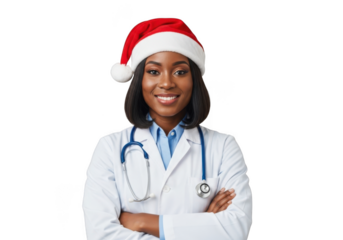 Smiling african american female medical professional wearing a festive santa hat and white lab coat with stethoscope isolated on transparent background